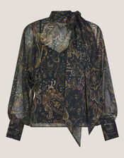 Marianna Sheer Paisley Pussybow Blouse, Green (GREEN), large