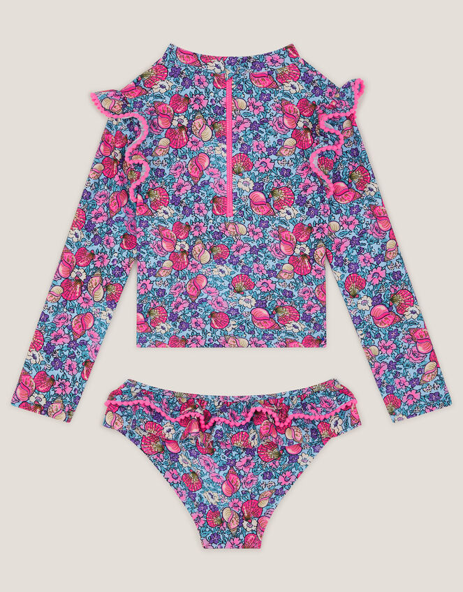 Floral Shell Print UPF50+ Long Sleeve Swim Set, Blue (BLUE), large