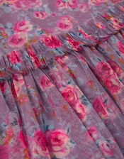 Floral Print Mesh Long Sleeve Dress, Purple (PURPLE), large