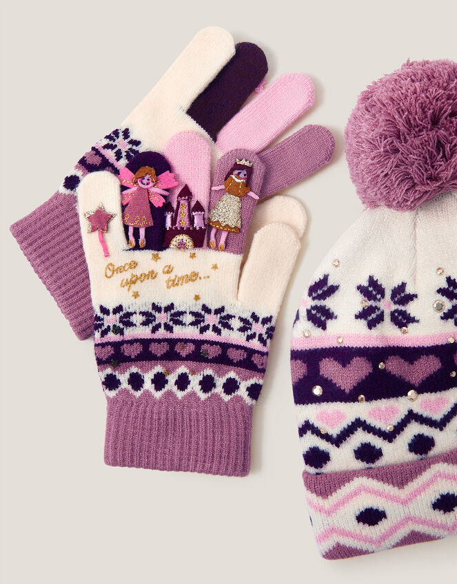 Princess Fair Isle Bobble Hat & Gloves Set, Pink (PINK), large