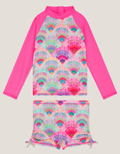 Rainbow Shell Print UPF50+ Long Sleeve Swim Set, Pink (PINK), large