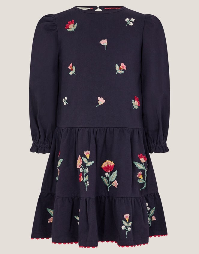 Floral Embroidered Tiered Dress, Blue (NAVY), large