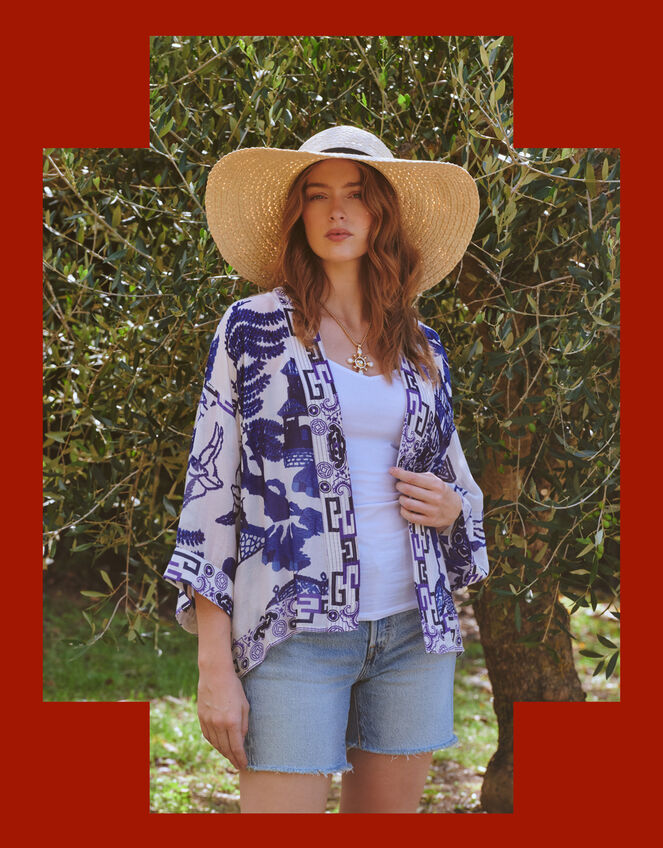 One Hundred Stars Giant Willow Print Short Kimono, , large