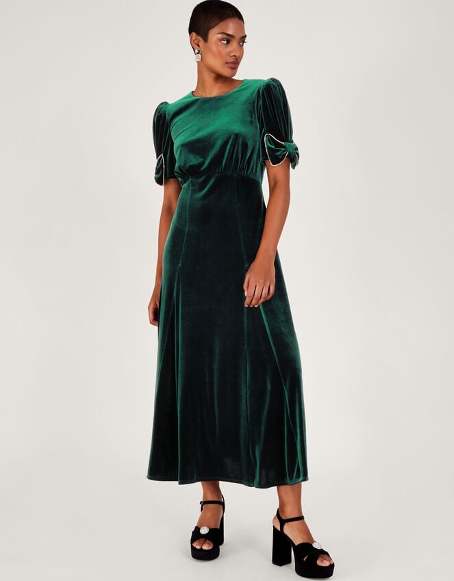 Belle Velvet Bow Dress, Green (GREEN), large
