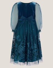 Alicia Long Sleeve Floral Embroidered Dress, Teal (TEAL), large