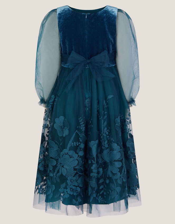 Alicia Long Sleeve Floral Embroidered Dress, Teal (TEAL), large