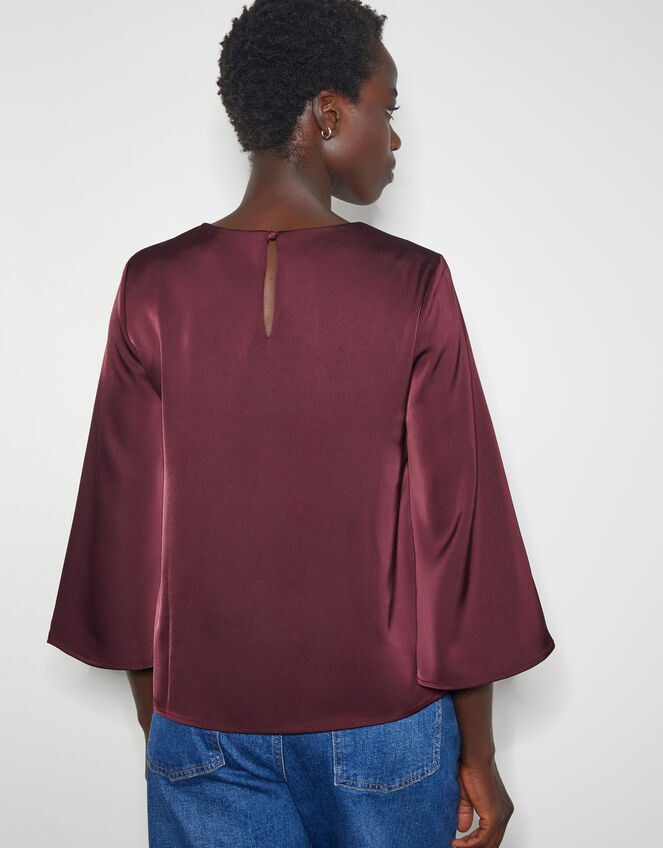 Ingrid Bell Sleeve Satin Top, Red (BURGUNDY), large