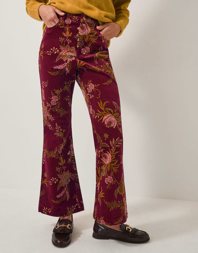 Yasmina Floral Corduroy Flare Trousers, Red (CHERRY), large