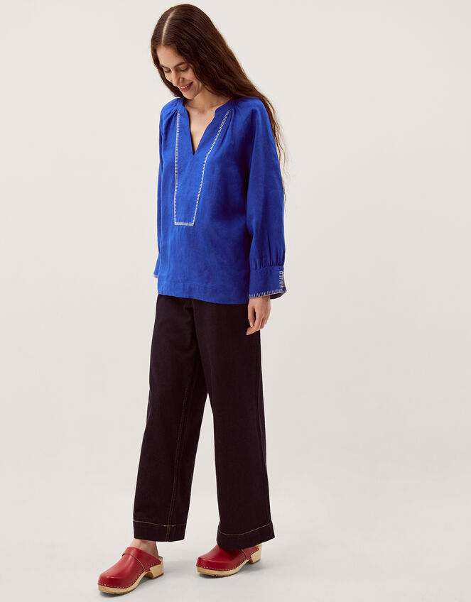 Frida V-Neck Linen Blouse, Blue (COBALT), large