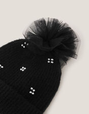 Tulle Pom-Pom Beanie Hat, Black (BLACK), large
