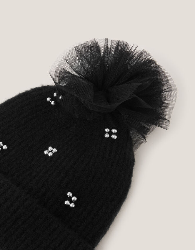 Tulle Pom-Pom Beanie Hat, Black (BLACK), large