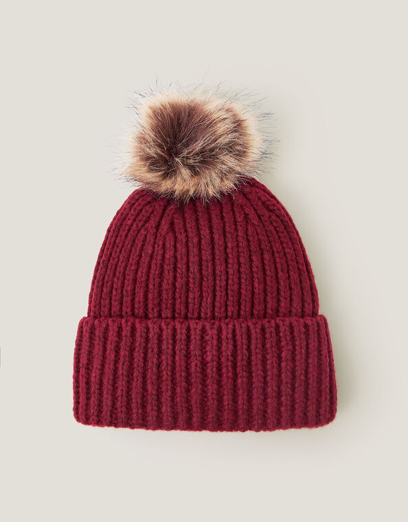 Dede Faux Fur Bobble Beanie Hat, Red (BURGUNDY), large