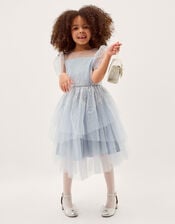 Sequin Puff Sleeve Tiered Party Dress, Blue (BLUE), large