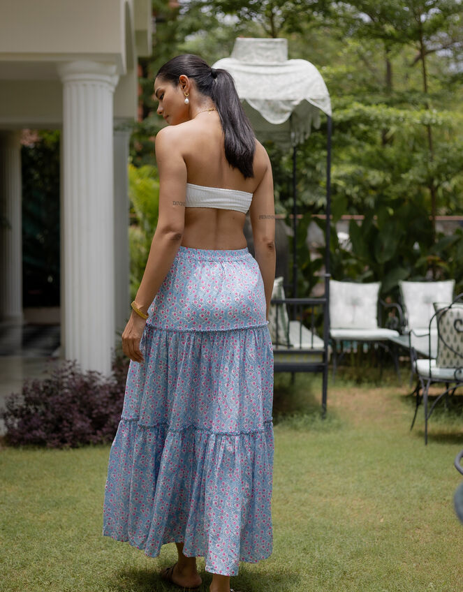 Dilli Grey Maya Floral Tiered Maxi Skirt, Blue (BLUE), large