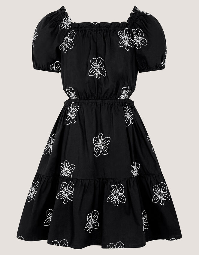 Puff Sleeve Floral Embroidered Dress, Black (BLACK), large