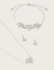Diamante Heart Earrings Necklace and Bracelet Set, , large