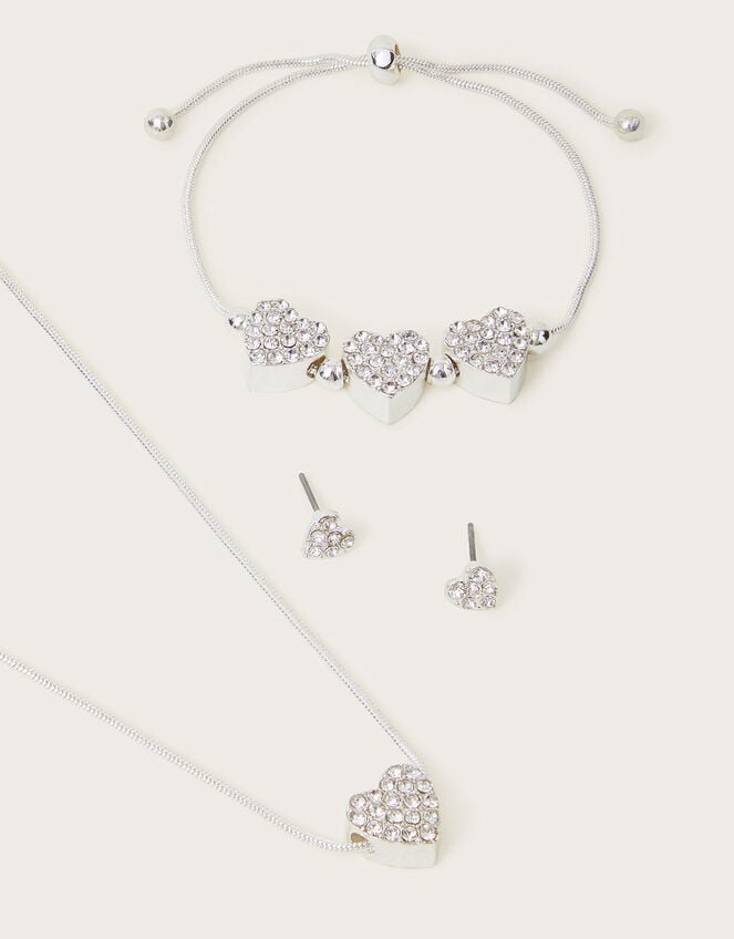 Diamante Heart Earrings Necklace and Bracelet Set, , large
