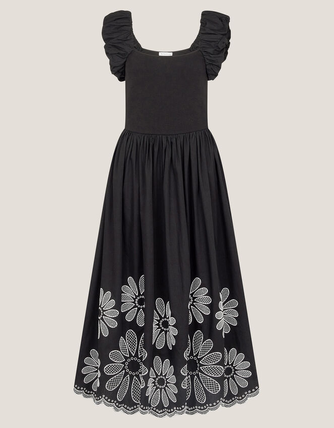 Ella Frill Floral Embroidered Midi Dress, Black (BLACK), large