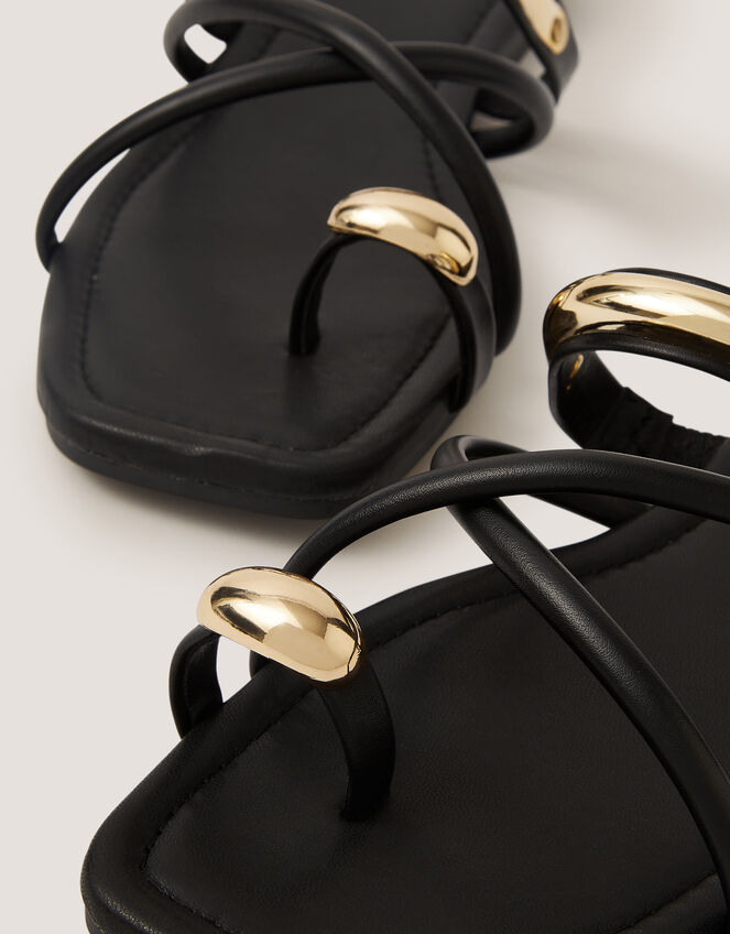 Metal Detail Toe Strap Sandals, Black (BLACK), large