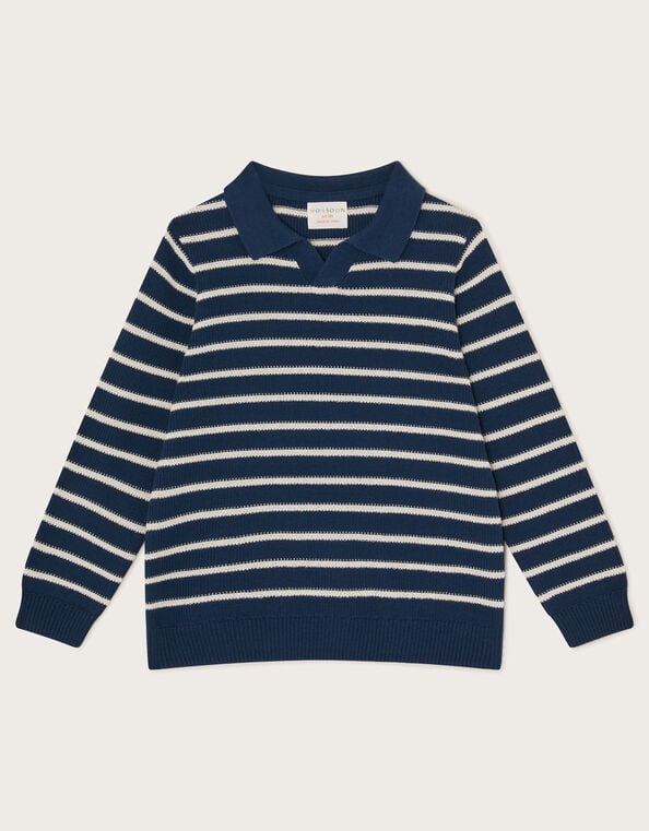 Stripe Knit Polo Jumper, Blue (NAVY), large