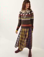 Monsoon x Sarah Corbett-Winder Tartan Pleated Midi Skirt, Yellow (YELLOW), large