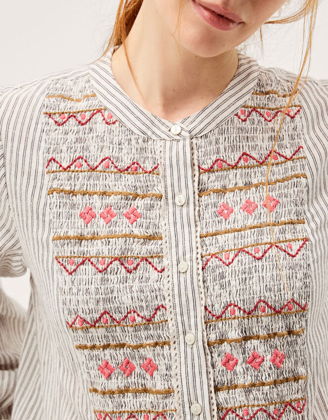 Hettie Embroidered Shirred Stripe Shirt, Black (BLACK), large