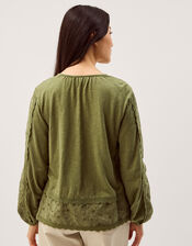 Joss Floral Embroidered Jersey Top, Green (KHAKI), large