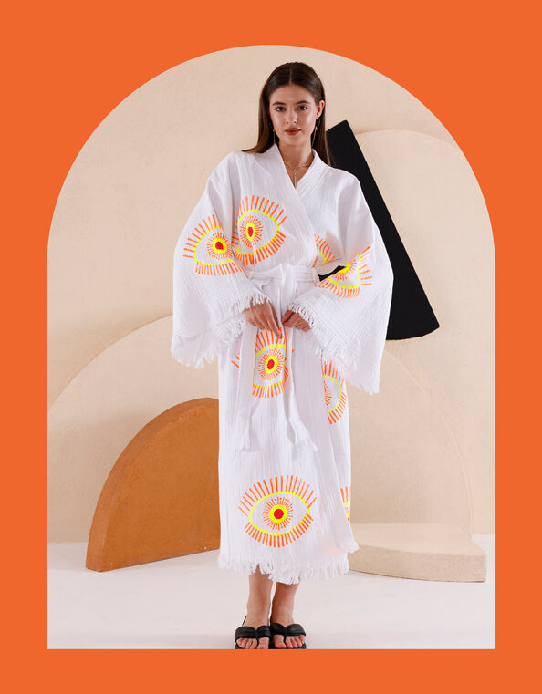 Meraki Beach Eye Print Kimono Robe, Cream (CREAM), large