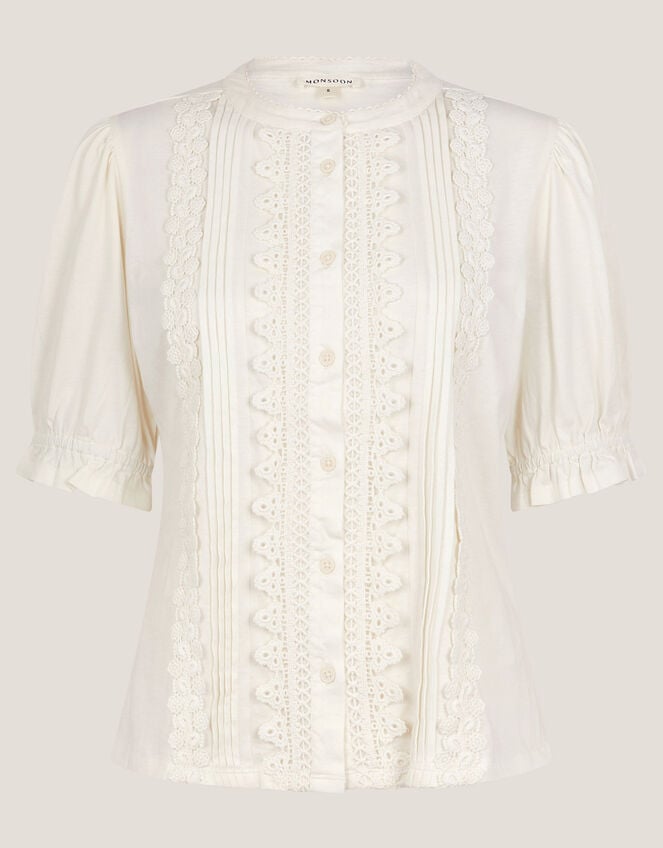 Lia Lace Puff-Sleeve Blouse, Ivory (IVORY), large
