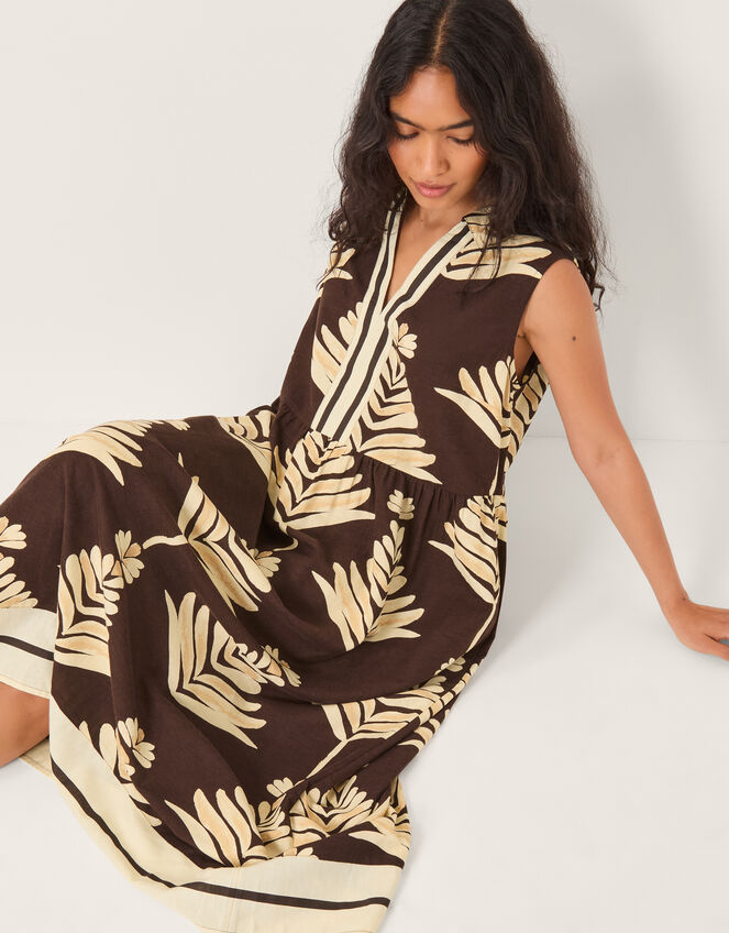 Pamela Linen Blend Leaf Print Midi Dress, Brown (CHOCOLATE), large
