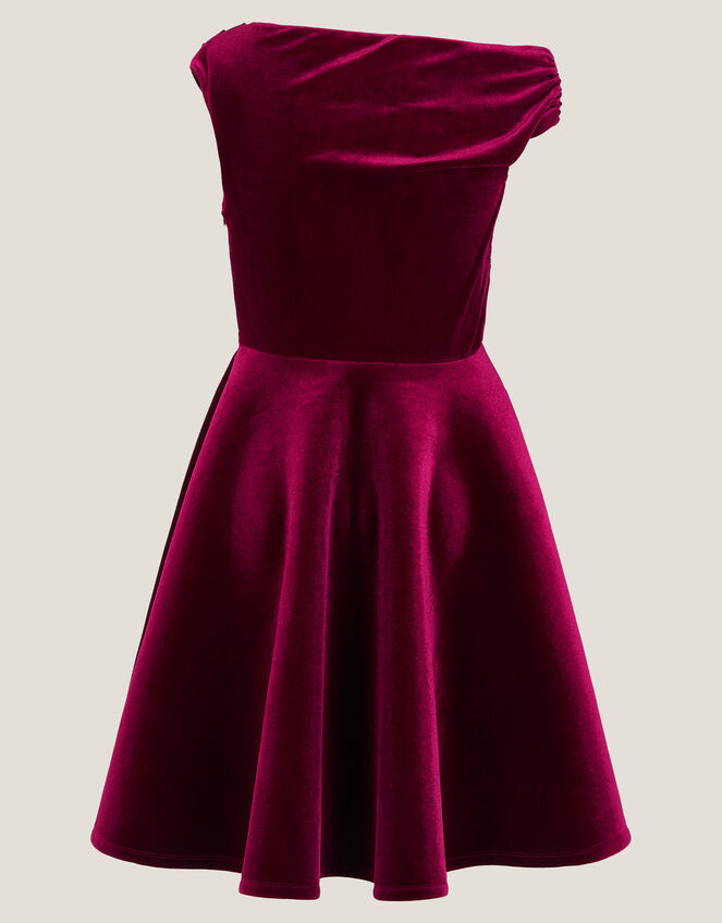 One Shoulder Drape Velvet Party Dess, Red (RED), large