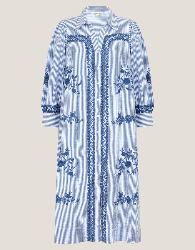 Marlowe Stripe Embroidered Midi Shirt Dress, Blue (BLUE), large
