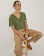 Lisa Embroidered Lace T-Shirt, Green (KHAKI), large
