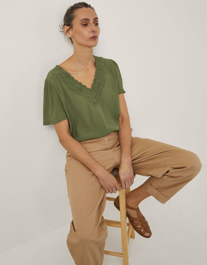 Lisa Embroidered Lace T-Shirt, Green (KHAKI), large