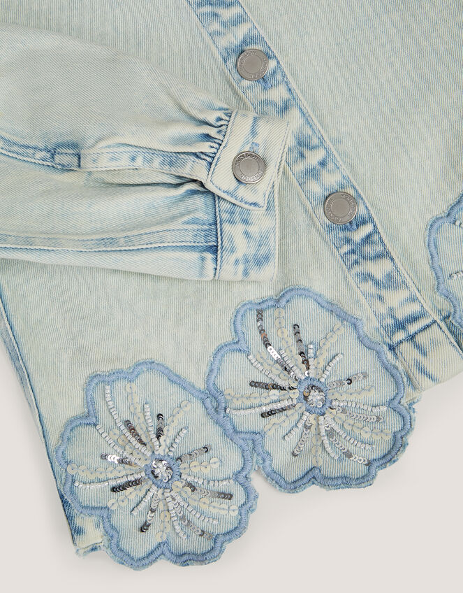 Flower Sequin Denim Jacket, Blue (BLUE), large