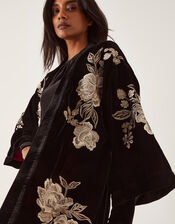 Fia Floral Embroidered Velvet Kimono, Black (BLACK), large