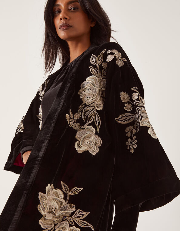 Fia Floral Embroidered Velvet Kimono, Black (BLACK), large