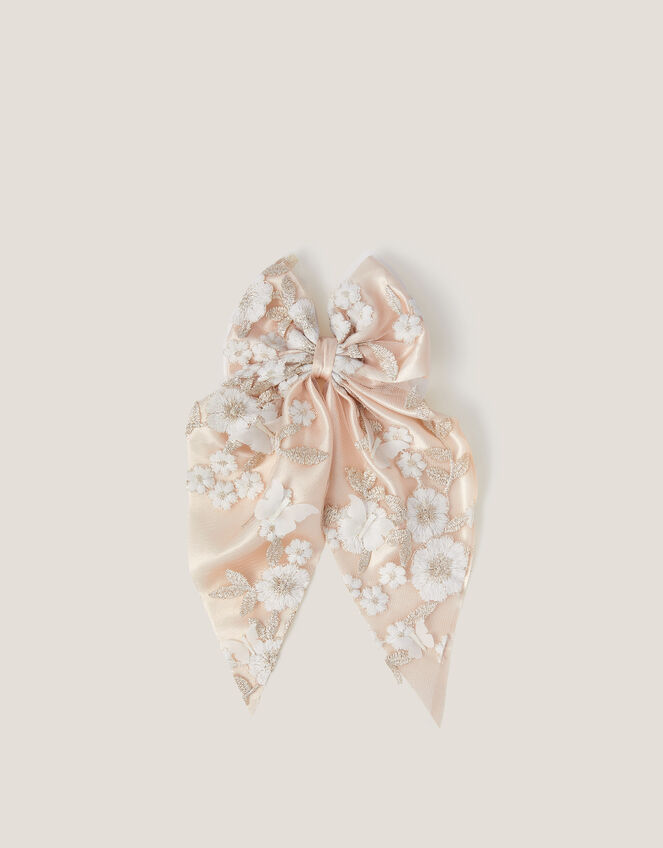 Astrid Floral Embroidered Bow Hair Clip, , large