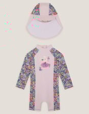 Baby Shell Print UPF50+ Swimsuit & Sun Hat Set, Pink (PINK), large