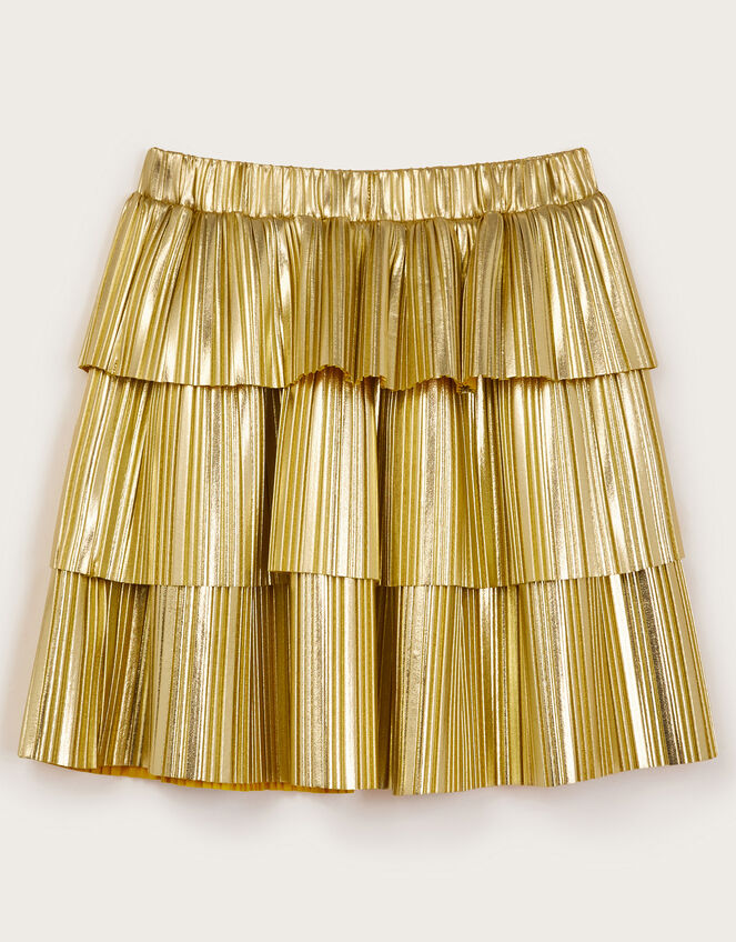 Metallic Pleat Tiered Skirt, Gold (GOLD), large