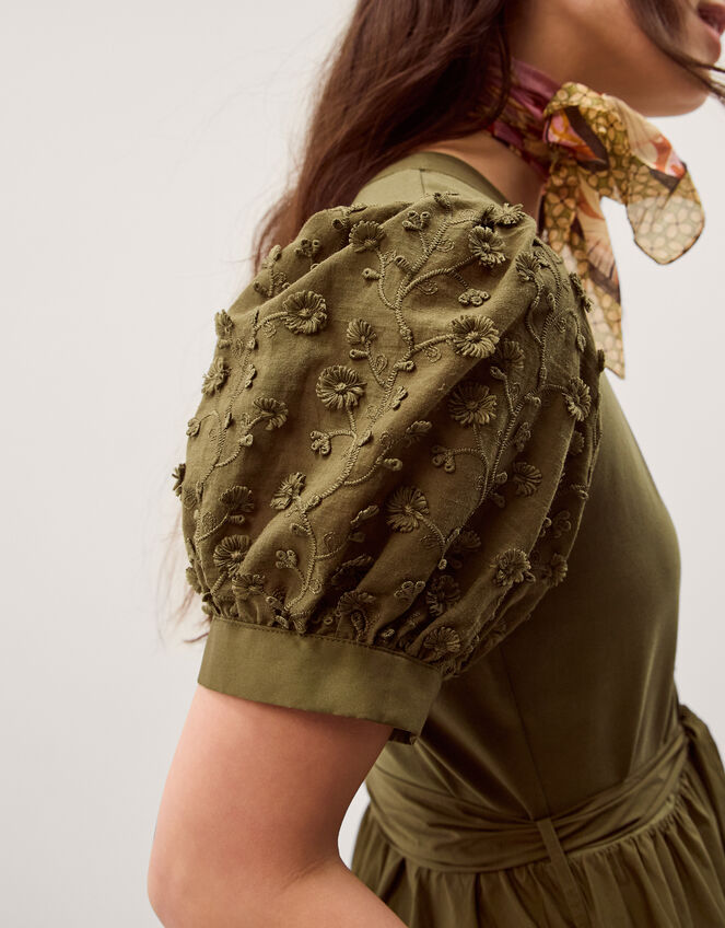 Fawn Appliqu&eacute; Puff Sleeve Midi Dress, Green (KHAKI), large