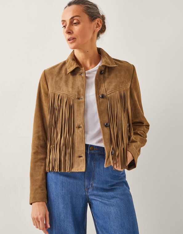 Lily Fringe Suede Jacket, Tan (TAN), large