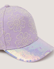 Floral Embroidered Sequin Cap, Purple (LILAC), large