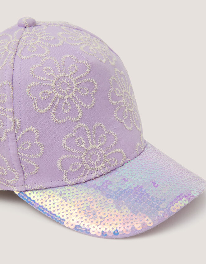Floral Embroidered Sequin Cap, Purple (LILAC), large