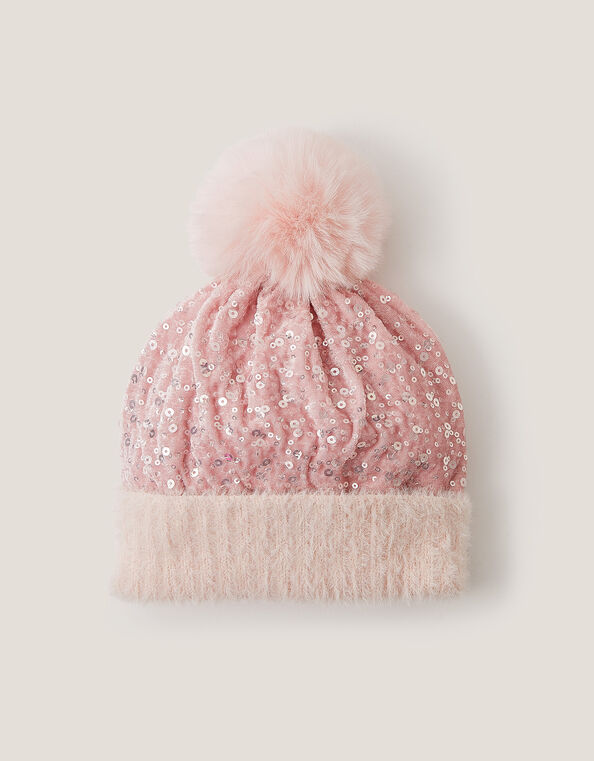 Sequin Pom-Pom Beanie Hat, Pink (PINK), large