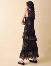 Clemence Isabelle Embroidered Tiered Midi Dress, Black (BLACK), large