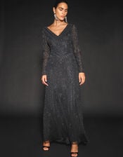 Lorelai Beaded Long Sleeve Maxi Dress, Black (BLACK), large