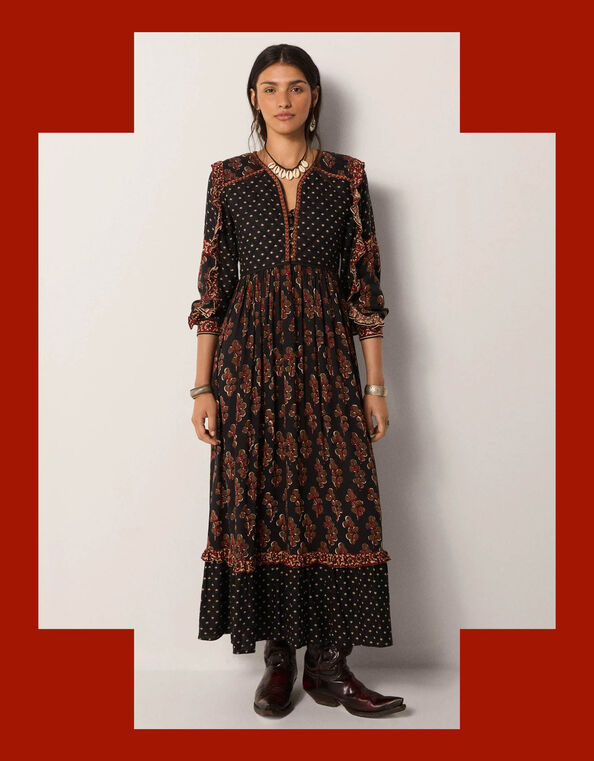 Maison Hotel Lily Mix Print Midi Dress, Black (BLACK), large