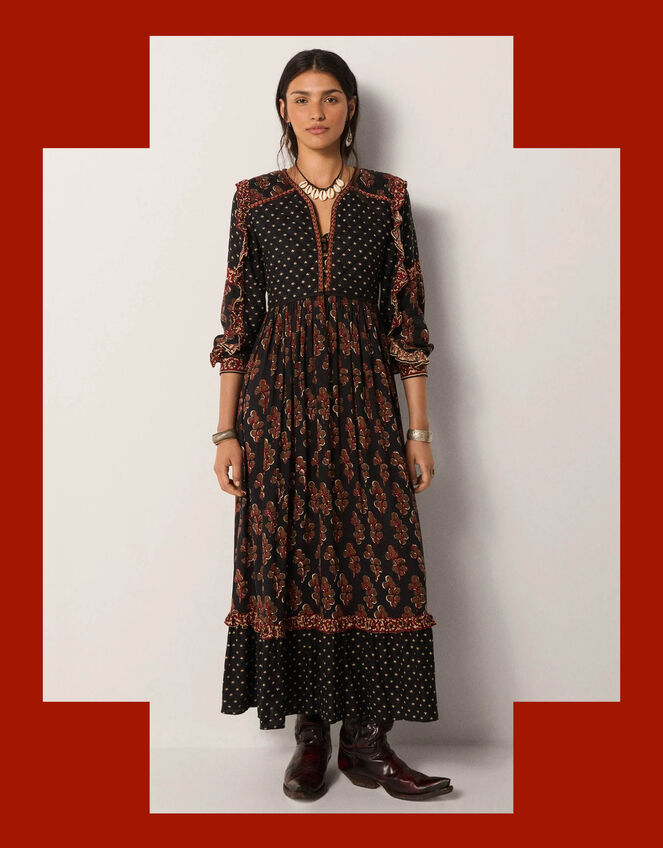 Maison Hotel Lily Mix Print Midi Dress, Black (BLACK), large