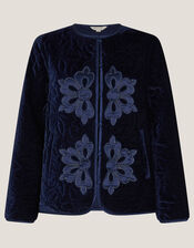 Delilah Embroidered Velvet Quilted Jacket, Blue (NAVY), large